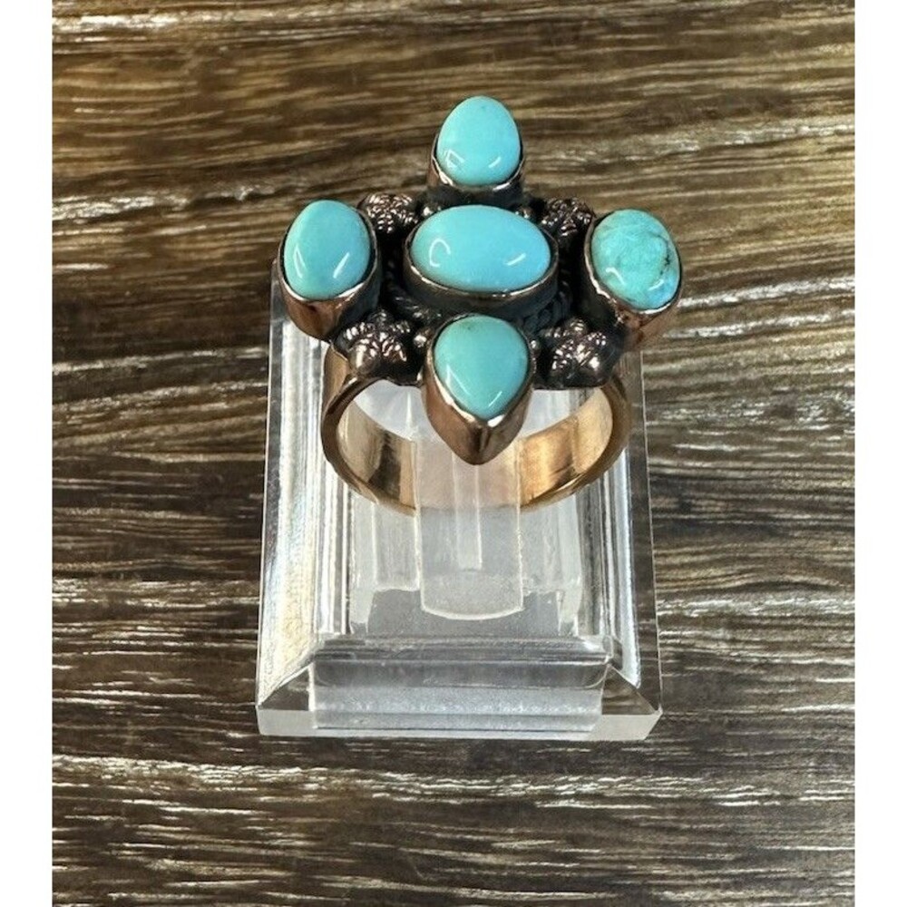 Southwest Copper Kingman Turquoise  MultiStone Cluster Ring 5.5 Adj - Picture 4 of 9